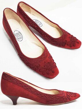 Emma Hope Shoes Womens Wine Red Leather Suede Kitten Heel Pumps 6